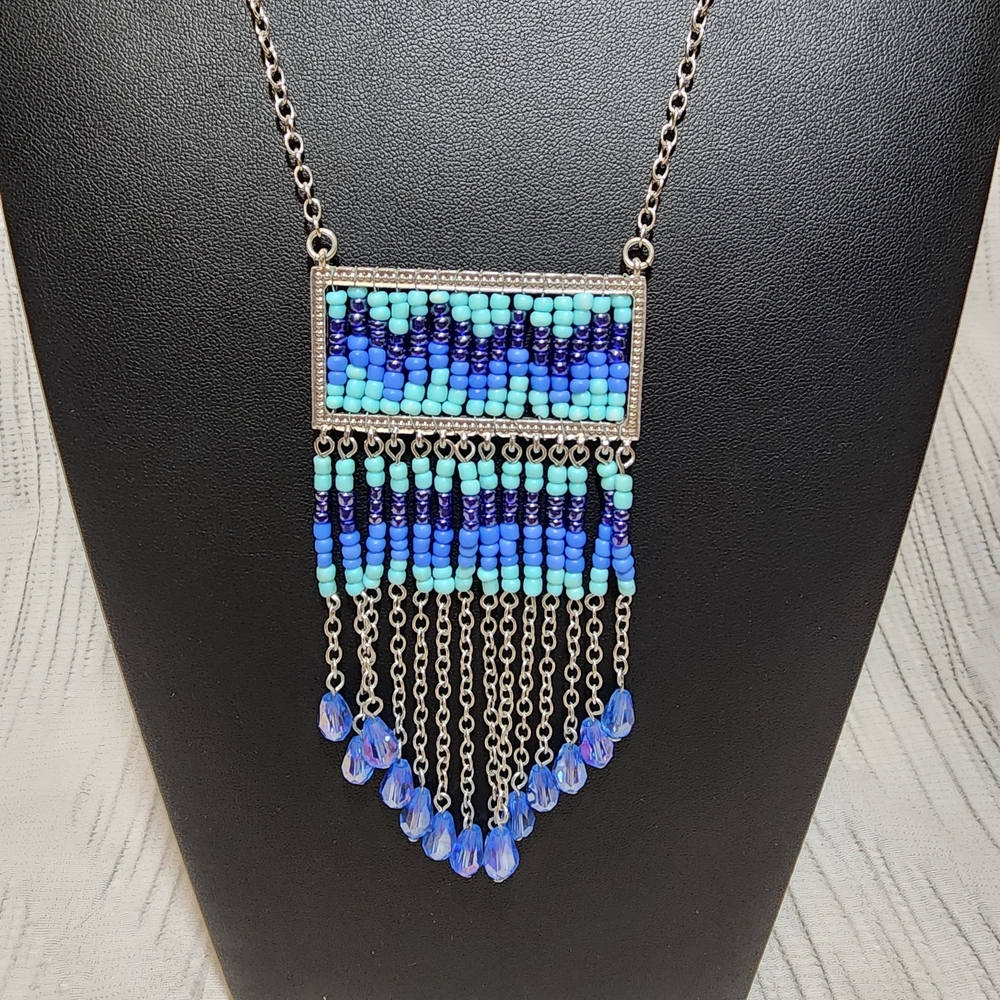 Blue Beaded Fringe Necklace Boho Seed Bead Glass Drop Pendant Adjustable